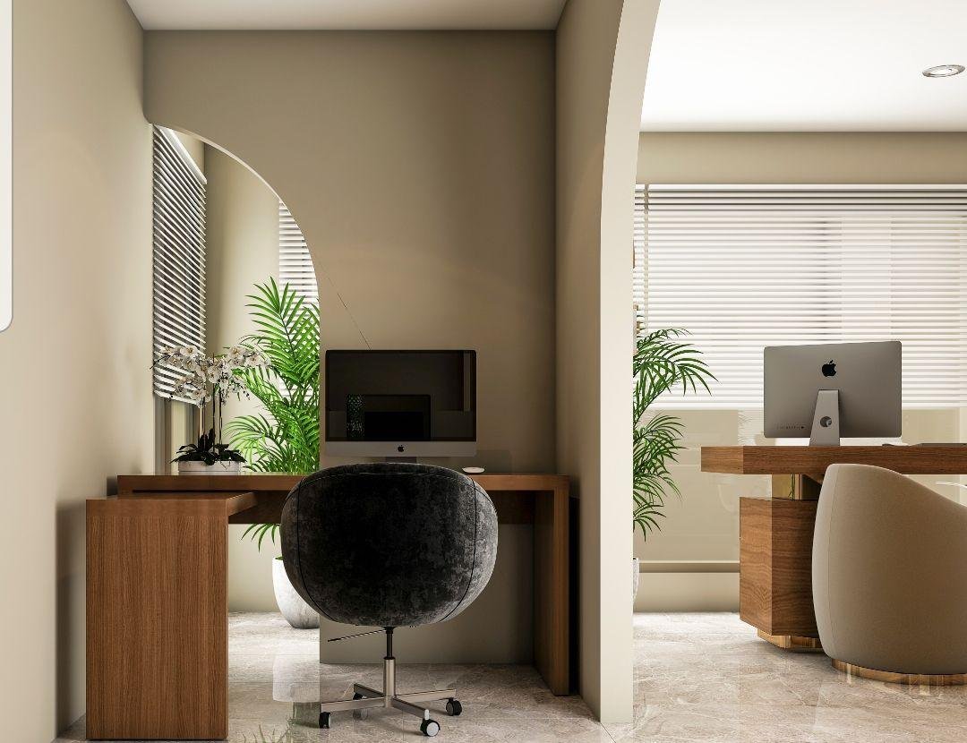 Office workstation with wood desk and modern chair