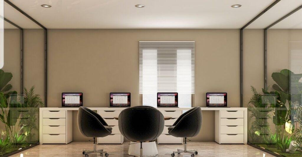 Office workstation with wood desk and modern chair