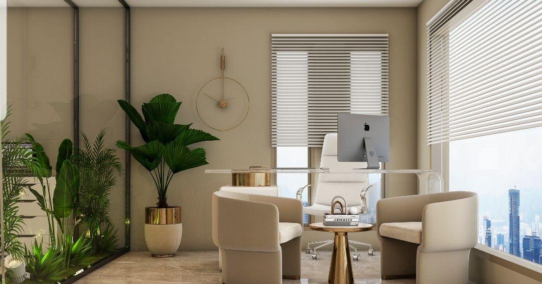 Office lounge with sofas and indoor plants