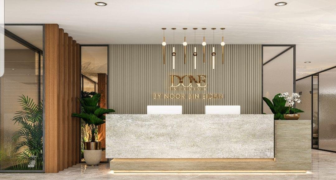 Modern office reception with wood paneling and marble desk