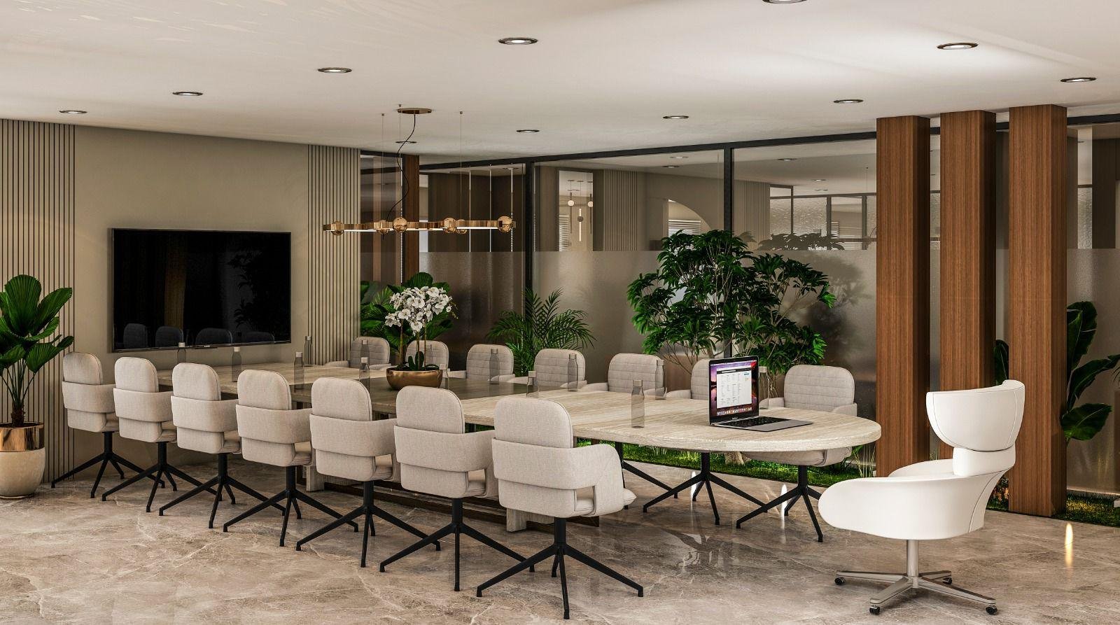 Contemporary office boardroom with long meeting table and plants