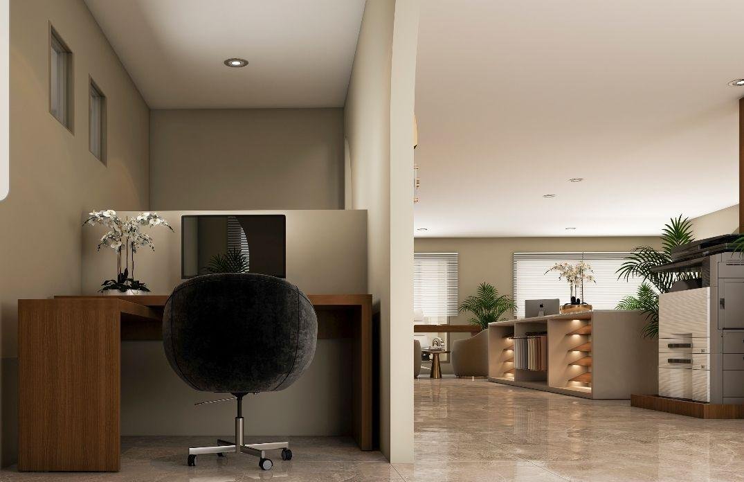 Office workstation with wood desk and modern chair