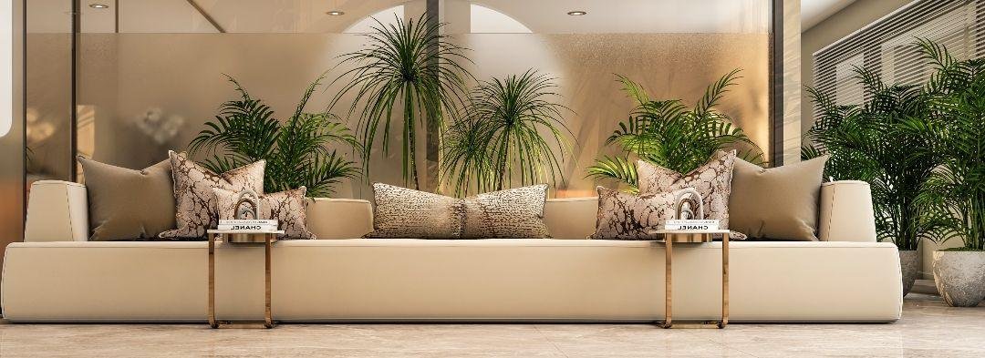 Office lounge with sofas and indoor plants