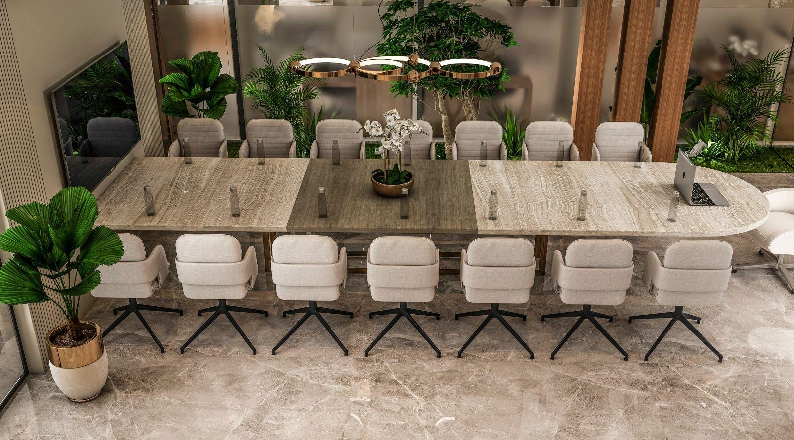 Contemporary office boardroom with long meeting table and plants