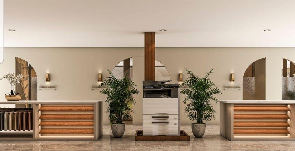 Office lounge with sofas and indoor plants