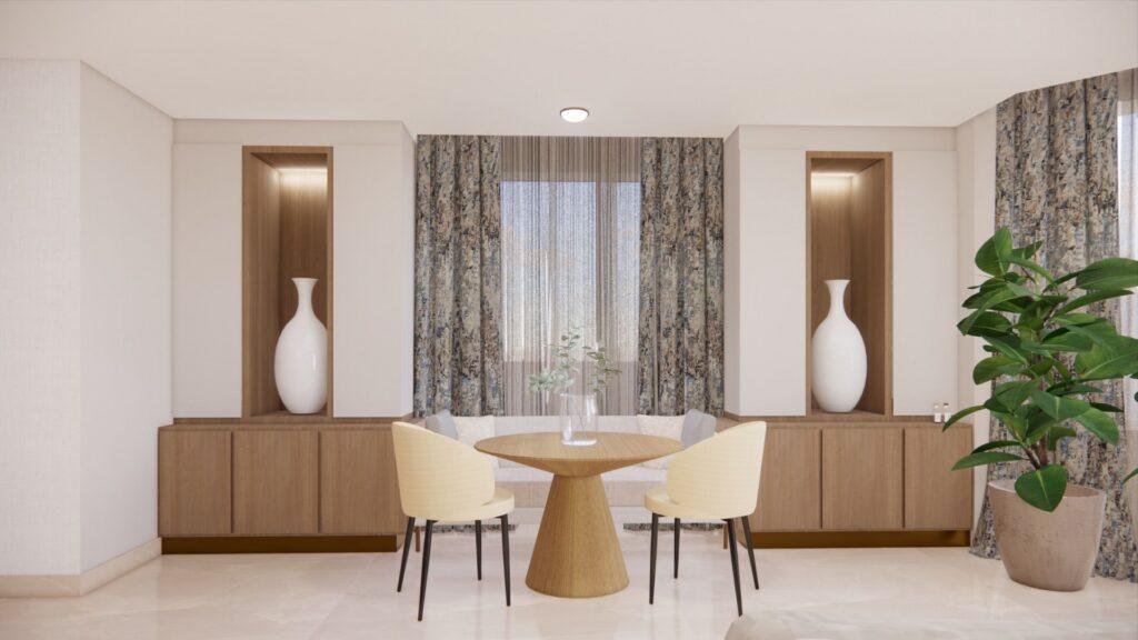 Living room concept with marble wall and chandelier