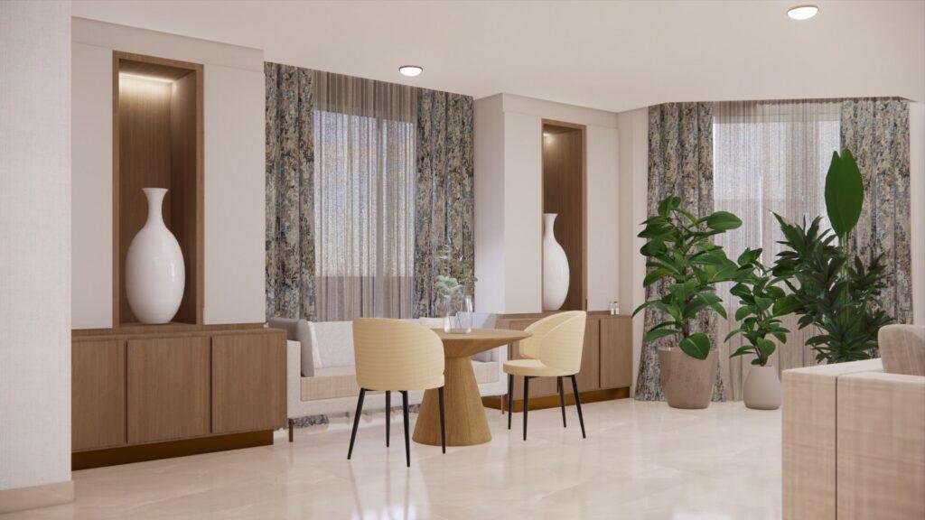 Living room concept with marble wall and chandelier