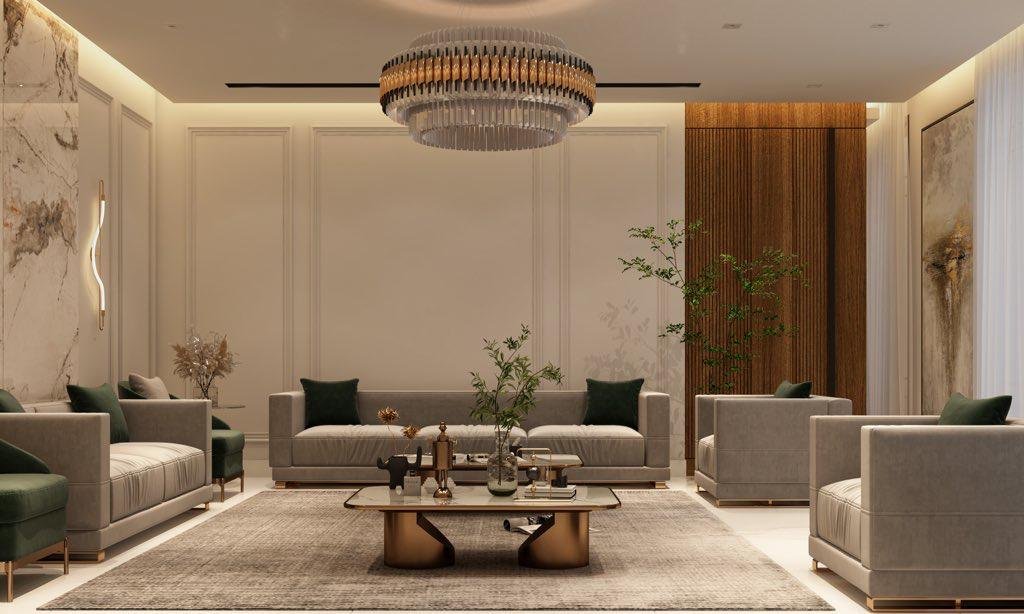 Living room concept with marble wall and chandelier