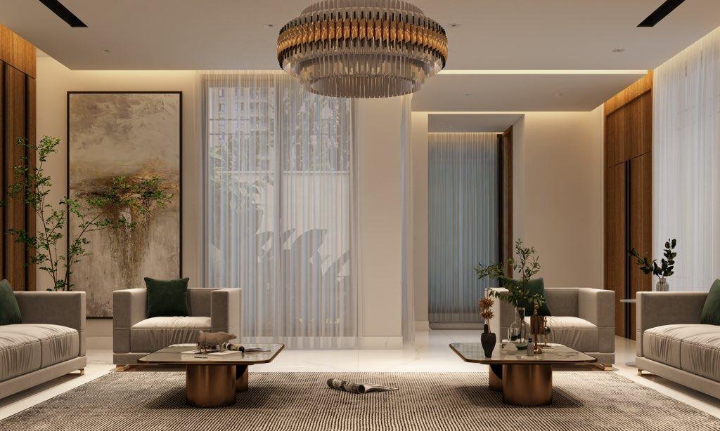 Living room concept with marble wall and chandelier