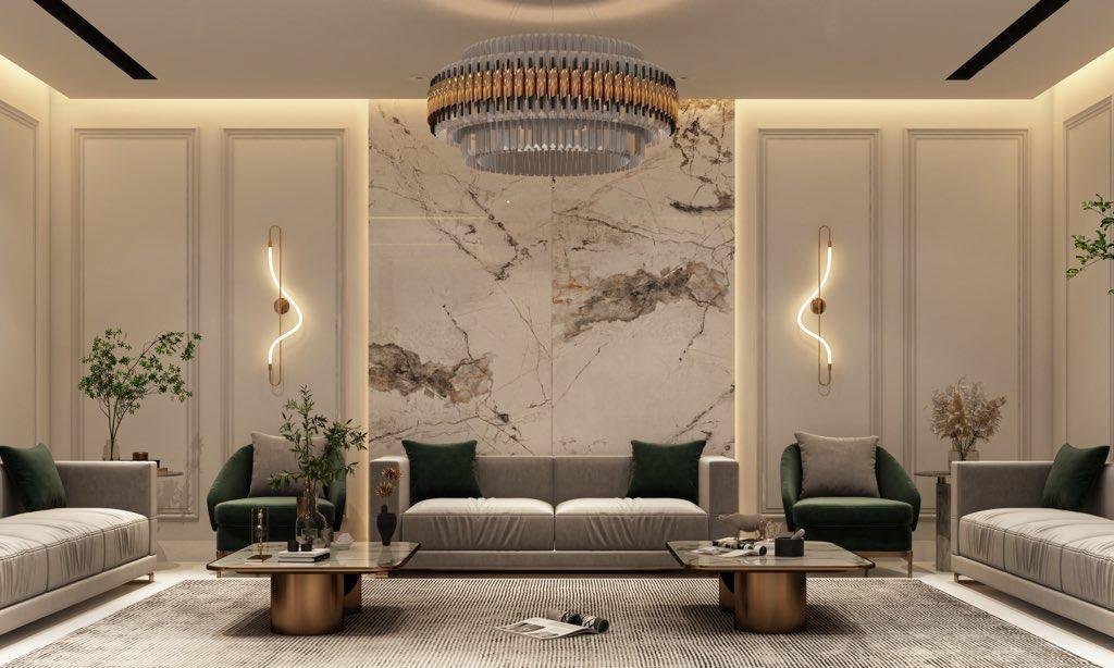 Living room concept with marble wall and chandelier