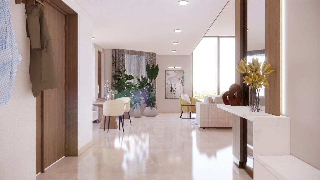 Living room concept with marble wall and chandelier