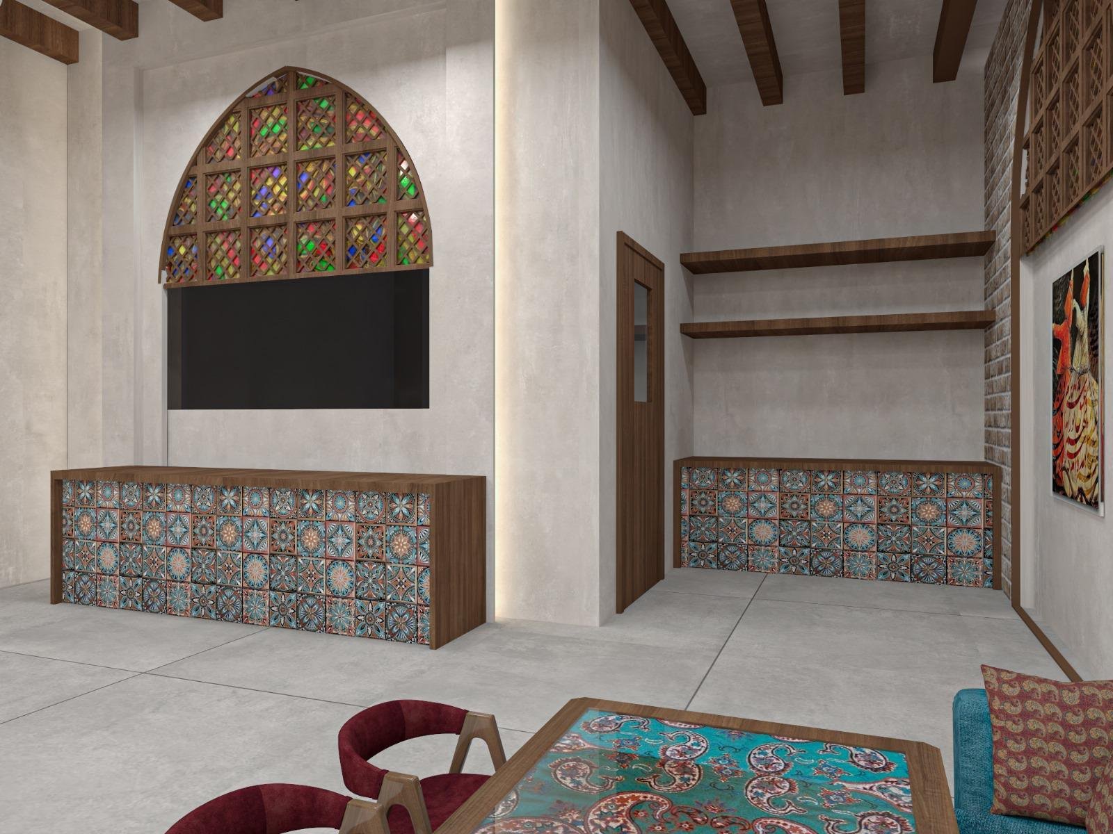 A vibrant restaurant interior blending traditional arches, patterned tiles, and warm ambient lighting.