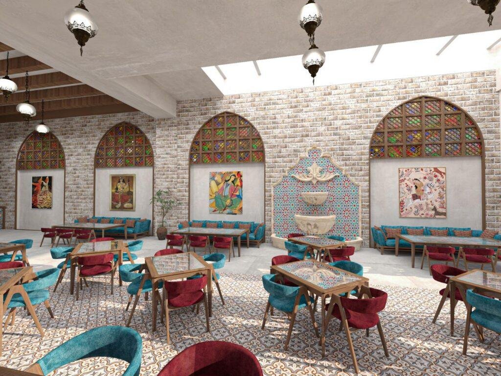 A vibrant restaurant interior blending traditional arches, patterned tiles, and warm ambient lighting.