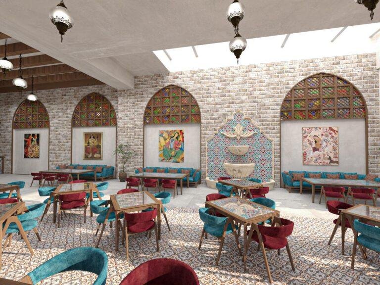 A vibrant restaurant interior blending traditional arches, patterned tiles, and warm ambient lighting.