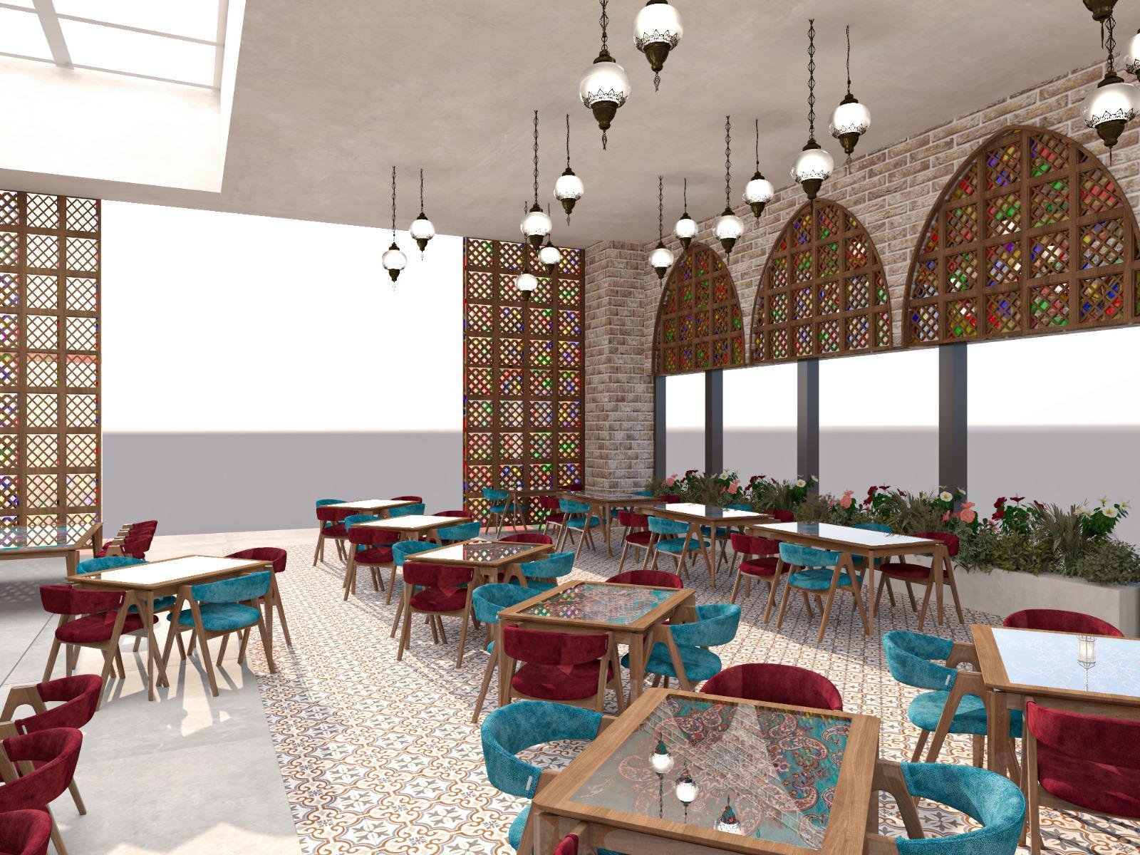 A vibrant restaurant interior blending traditional arches, patterned tiles, and warm ambient lighting.