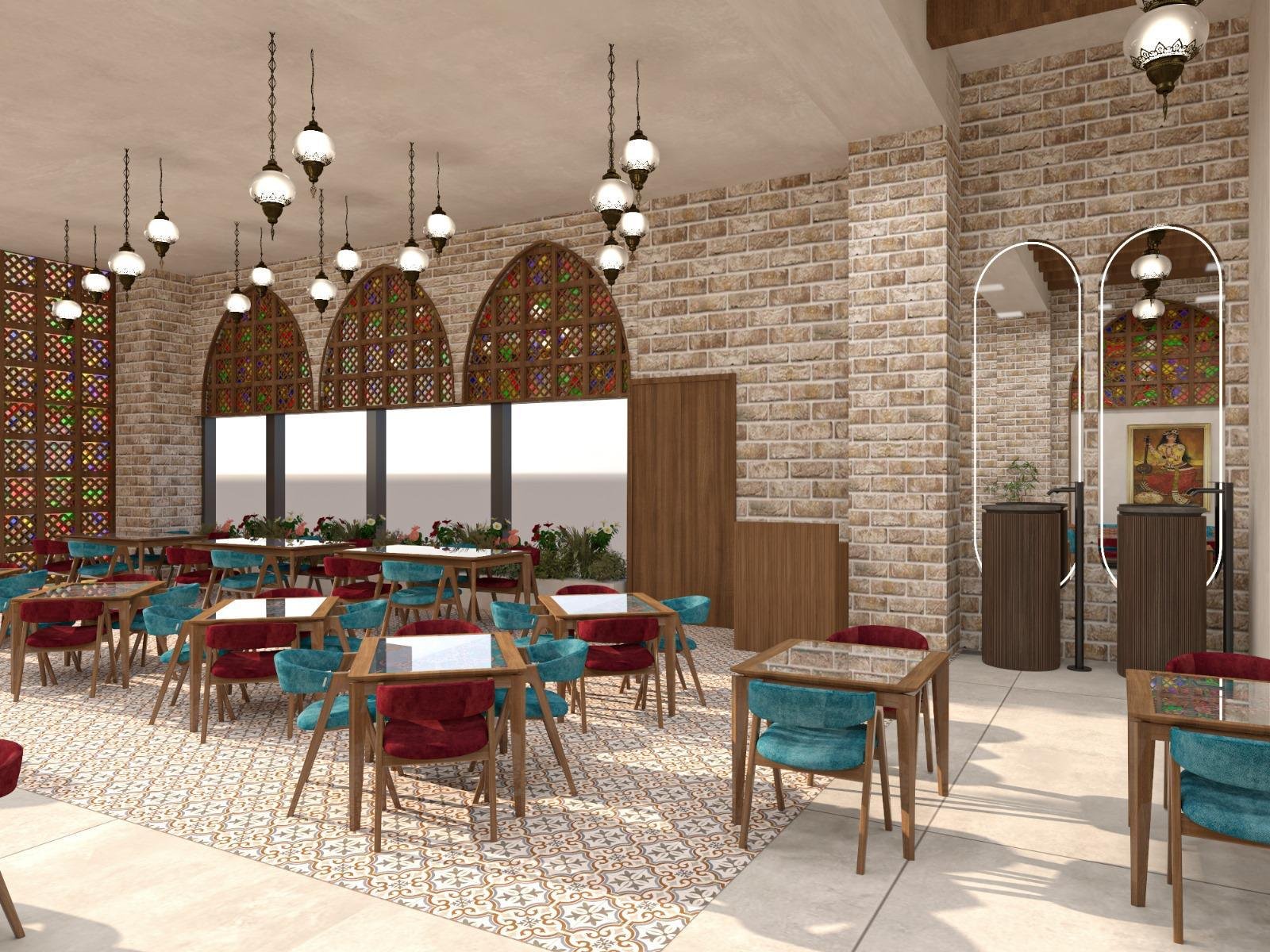 A vibrant restaurant interior blending traditional arches, patterned tiles, and warm ambient lighting.