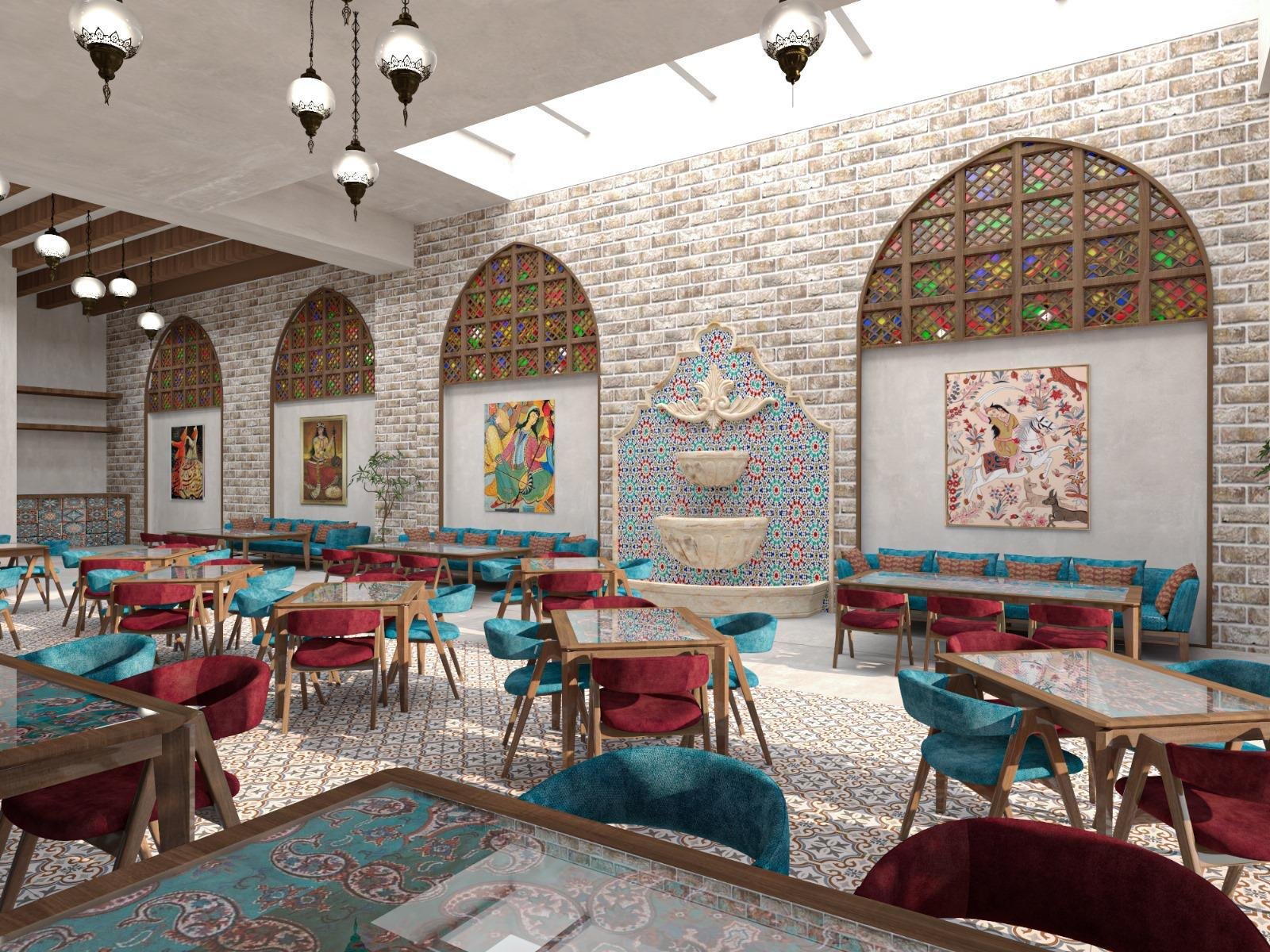 A vibrant restaurant interior blending traditional arches, patterned tiles, and warm ambient lighting.